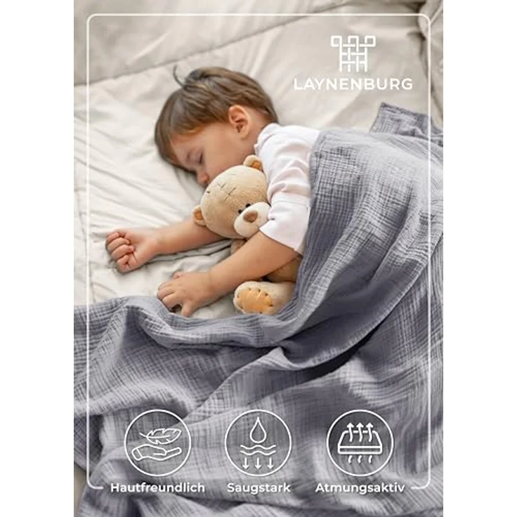 Babydecke Premium Musselin Babydecke 4-lagige Decke aus 100% Baumwolle, Laynenburg, Musselin Babydecke, Kuscheldecke oder Schlafdecke, Pucktuch, Spucktuch – Bild 3