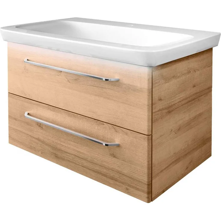 FACKELMANN MILANO Waschbecken mit Unterschrank 88 cm breit, Braun hell, Waschbecken Keramik Weiß + Waschbeckenbeleuchtung