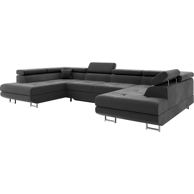 MEBLINI Schlafcouch mit Bettkasten - CARL - 338x203x55cm - Grün Samt - Ecksofa mit Schlaffunktion - Sofa mit Relaxfunktion und Kopfstützen - Couch U-Form - Eckcouch - Wohnlandschaft