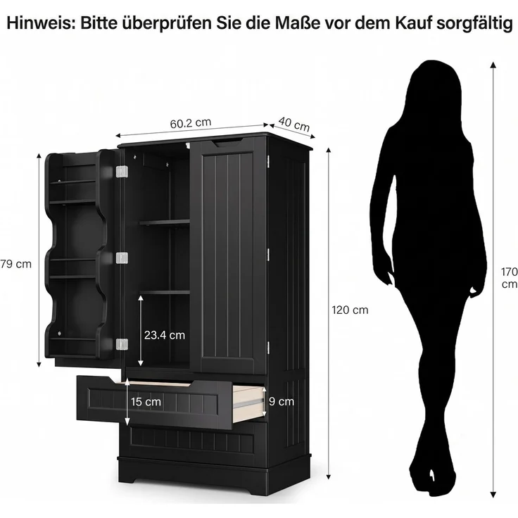 Blishom Sideboard Vorratsschrank Küchenschrank mit 2 Schubladen 2 Türen 60x40x120 cm, Esszimmer Buffetschrank Küchen-Vorratsschrank mit Kühlschranktür – Bild 3