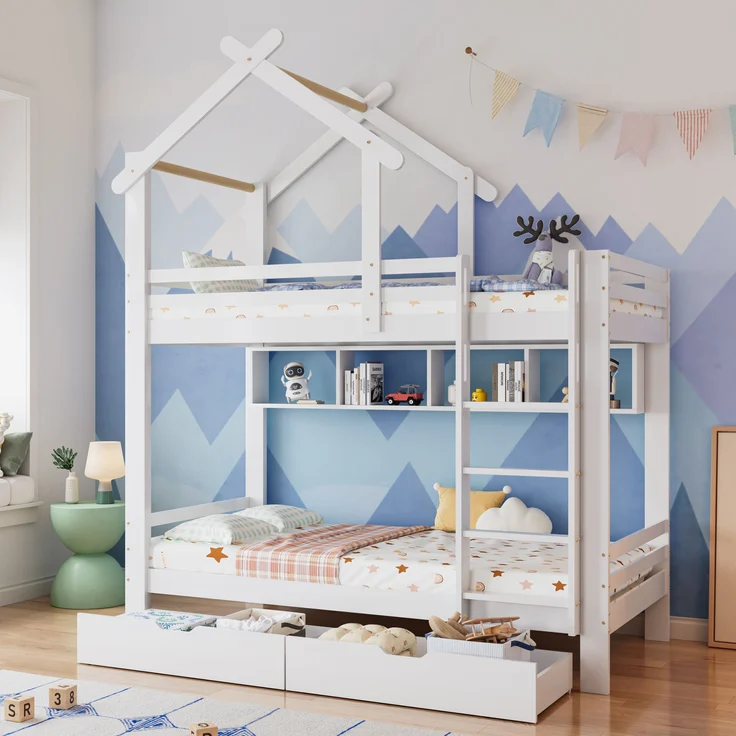 Etagenbett 90x200 cm, Haus-Design in Weiß mit Schubladen, Regalen & Sicherheitsgittern, ohne Matratzen – Bild 3