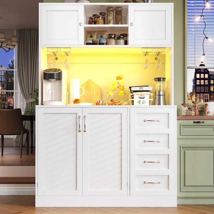 Seitenboard / Aufbewahrungsschrank / Küchenschrank / Buffetschrank, 120x40x188cm, mit LED-Beleuchtung, Snackregal & Getränkehaltern, 4 Türen & 2 große Schubladen, Grün/Schwarz/Weiß--Weiß--120x40x188cm--YOUDENOVA – Bild 5