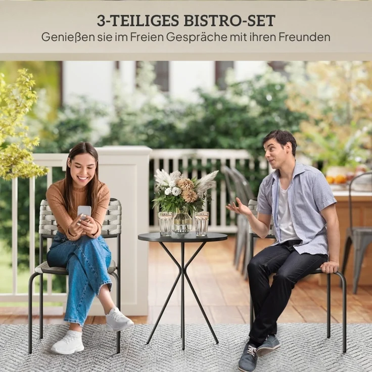 Polyrattan Gartenmöbel Set, Outdoor Lounge Balkonmöbel für 2 Personen, 3-teilig Sitzgruppe mit 2 Stapelbare Stühle, Tisch, wetterfest Gartenlounge für Garten, Terrasse Balkon, Grau--Grau--60x46x80cm--YOUDENOVA – Bild 4