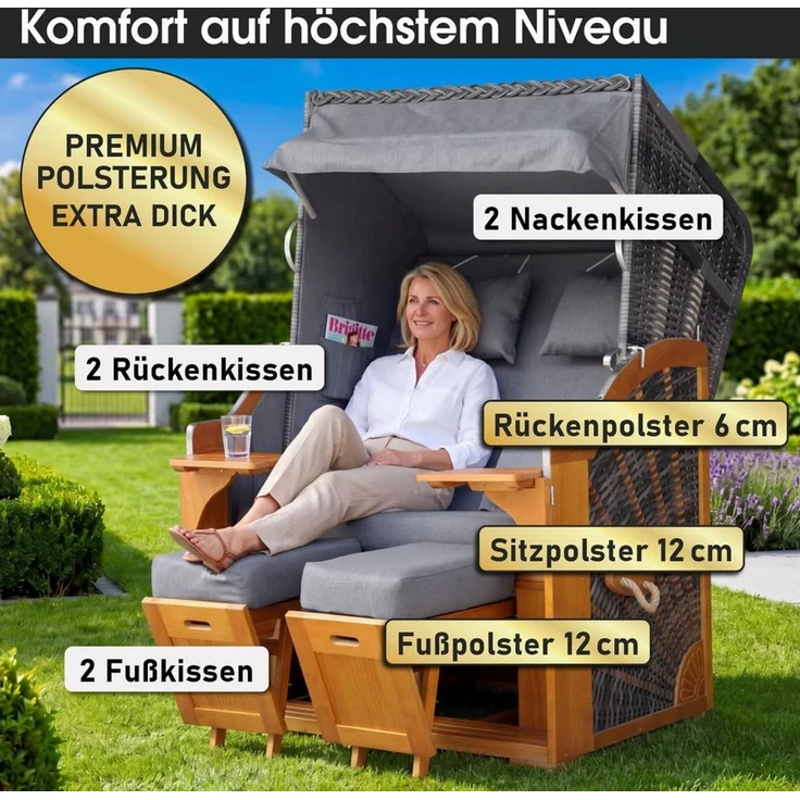 BRAST Strandkorb BRAST Strandkorb Bornholm Premium, 123cm Breite, 3 Designs, Volllieger, Bornholm, (Pinien Vollholz, UV-beständig), inkl. Premium-Schutzhaube – Bild 3