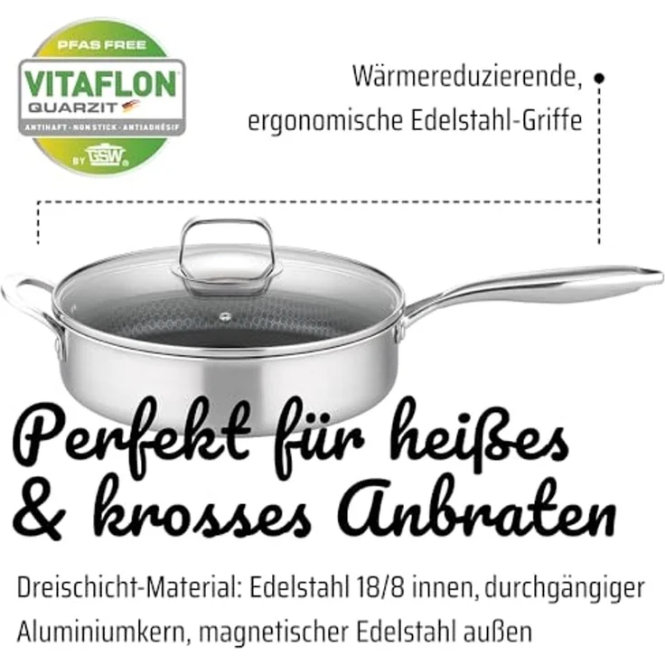 GSW Schmorpfanne Inoxxa Black Ø 28 cm, Edelstahl, Dreischicht-Material, Antihaft-Versiegelung, Wabenstruktur, Induktion – Bild 3