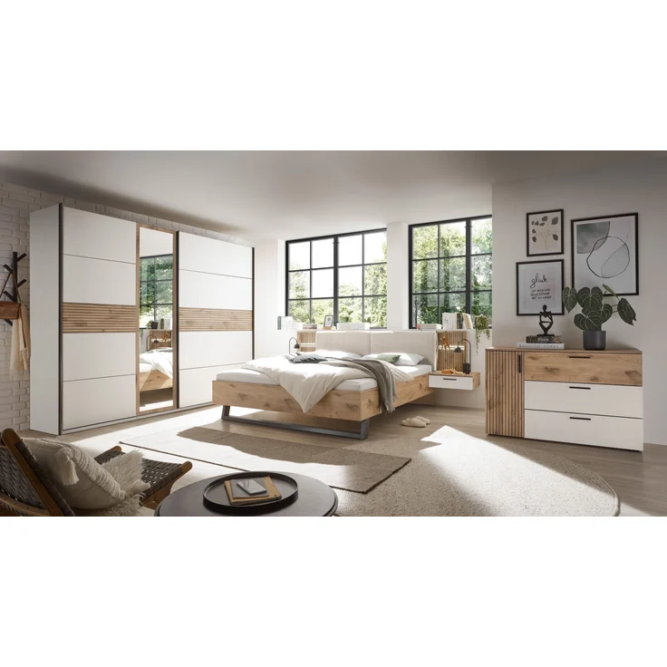 Schlafzimmer-Set >Daria< (2-teilig) Kleiderschrank mit Spiegel, Doppelbett, Viking Oak / weiss – Bild 10
