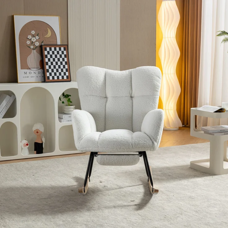 Teddy-Schaukelstuhl mit Holz- & Metallrahmen,ergonomisch gepolstert,Weiß,leises Design für Wohnzimmer, Schlafzimmer & Büro – Bild 3