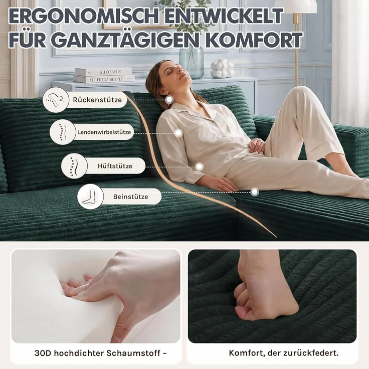 COMHOMA Ecksofa mit Schlaffunktion, 255cm Corduroy Modulares Boneless Couch mit Chaiselongue & Rücken-Metallgestell, L-Form Schlafsofa mit offenem Design, Kissen & Seitentaschen,für Wohnzimmer, Grün-L – Bild 13