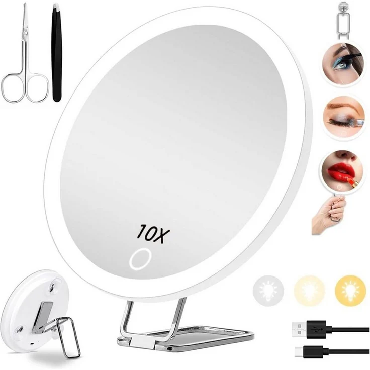 Senmudi Kosmetikspiegel Kosmetikspiegel Vergrößerungsspiegel mit Licht 3 Farbe Modi (Dimmen beleuchtete Make-up-Spiegel mit 10X Vergrößerung, vergrößerte Spiegel, große wiederaufladbare Reise, 3 Saugnäpfen), 360 ° Tisch Stand für Schminken Makeup Gesic...