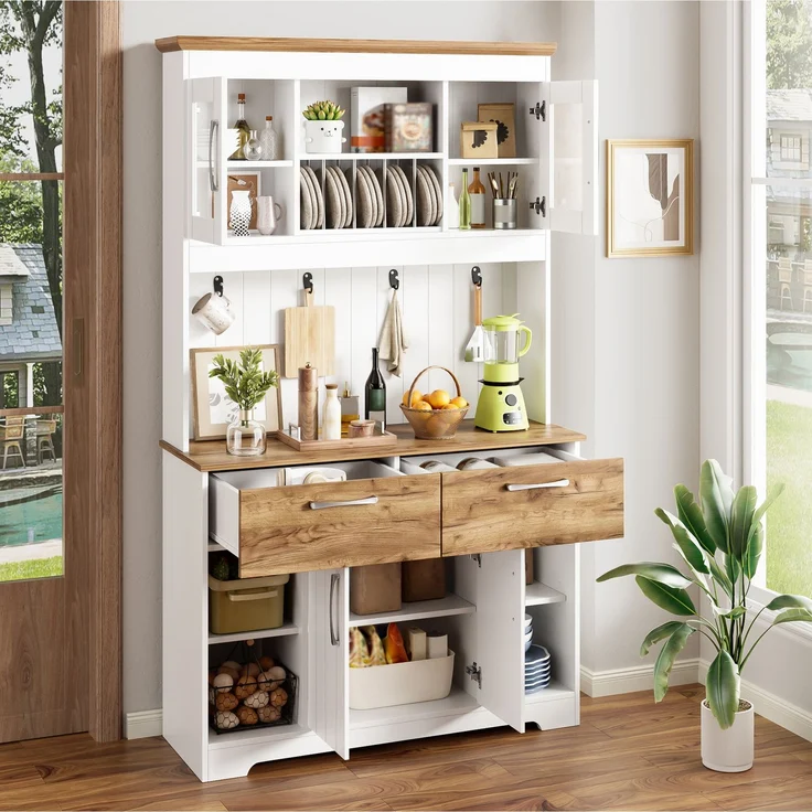 Merax 176.5cm Küchenbuffet Schrank mit Stauraum, Küchenschrank mit Vitrinenfächern, 2 Schubladen, Türen und Hakenleiste – Buffetschrank, Weiß + Holzfarbe – Bild 2