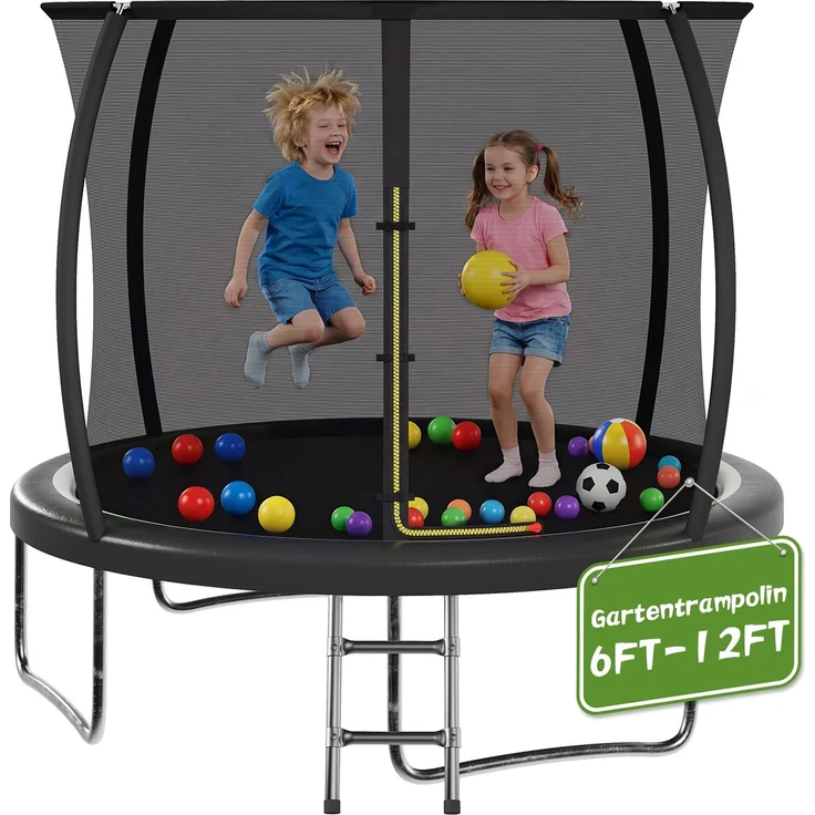 Devoko Gartentrampolin mit Sicherheitsnetz, Leiter, Randabdeckung, Stahlrahmen, Schwarz, Ø 290 cm – Bild 4
