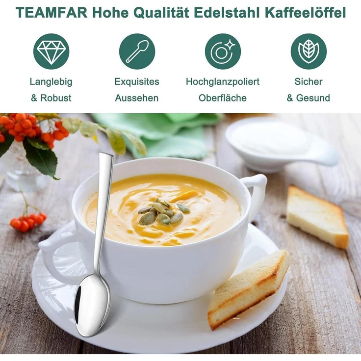 TEAMFAR Kaffeelöffel Set 12 Stück Edelstahl Dessertlöffel 13,6cm Spiegelpoliert – Bild 3