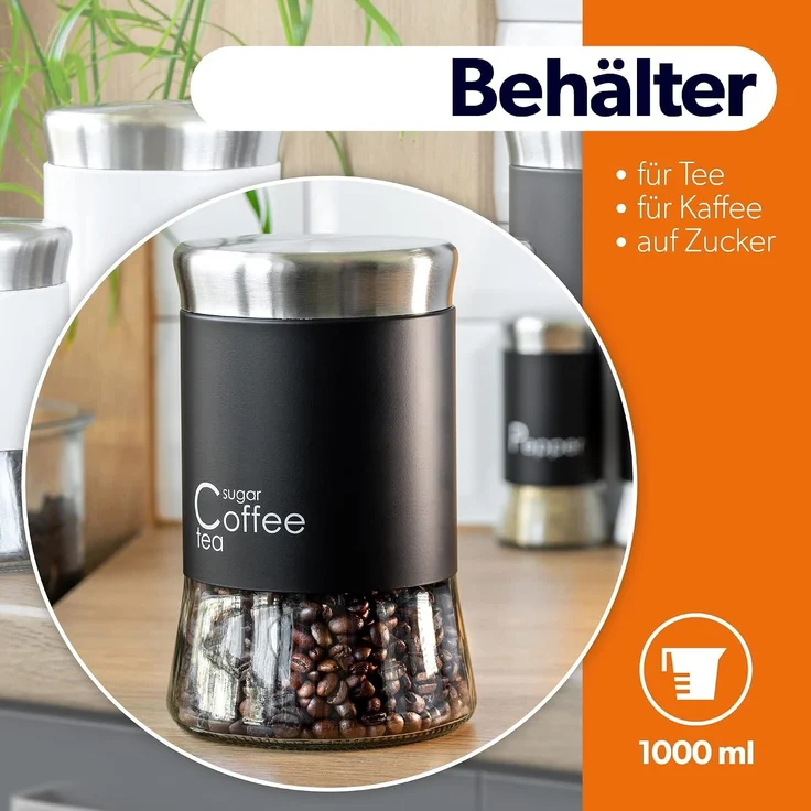 KADAX Glasbehälter für Kaffee, Tee, Zucker, mit Deckel, Schwarz, 1000 ml – Bild 2