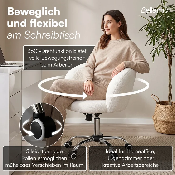 Bellamio 'Livny' Set aus Schreibtisch und Wolkenstuhl, mit 5 Schubladen, beidseitig montierbar, 80x53x110 cm, Computertisch mit Stauraum, Bürotisch mit Push-to-open, geeignet als Schminktisch, weiß hochglanz – Bild 4