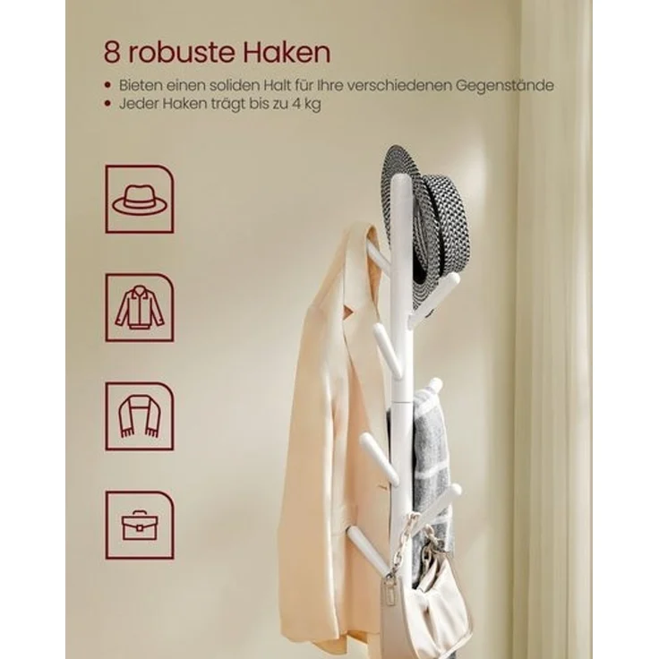 Vasagle Garderobenständer, Kleiderständer, mit 8 Haken und Ablagefläche, 170,5 cm hoch für Mäntel, Hüte, Taschen, Eingangsbereich, Flur, Schlafzimmer, wolkenweiß RCR033W01 – Bild 5