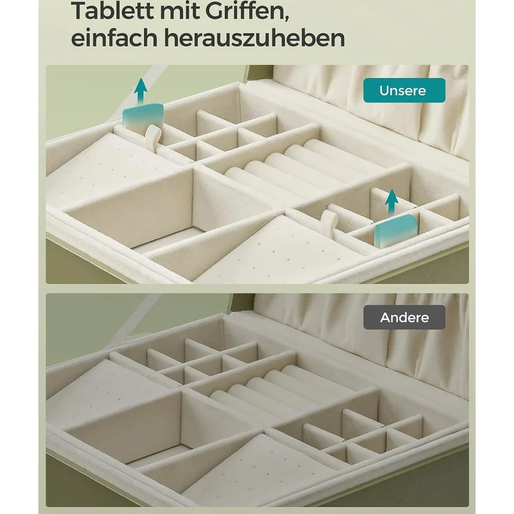 SONGMICS Schmuckkästchen 2 Ebenen, Schmuckkasten mit Griff, flexibles Schmucktablett, Schmuckbox, Schmuckaufbewahrung, schwebender Effekt, 20,5 x 24 x 11 cm, Weihnachten, lorbeergrün JBC165C02 – Bild 7