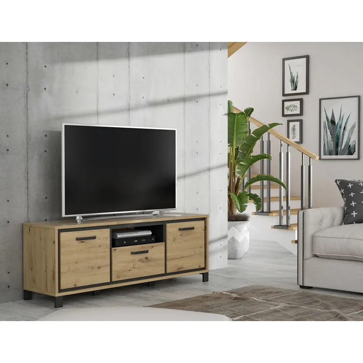 FORTE Trondheim TV-Unterschrank, Holzwerkstoff, Schwarz/Braun, 158,4 x 58,9 x 41,5 cm