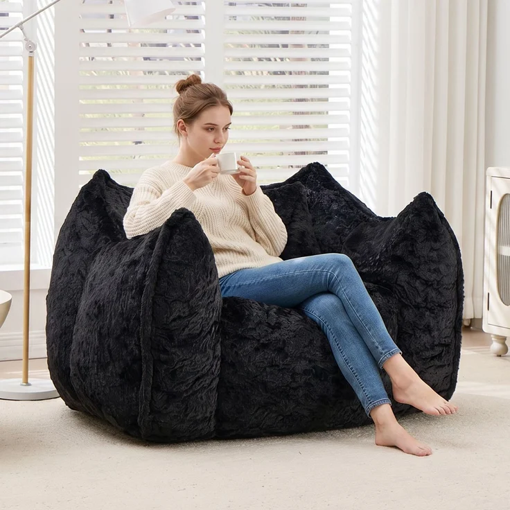 Riesiger Sitzsack mit Kissen, bequemer großer Sitzsack für Erwachsene und Kinder, Kunstfell-Bodensofa für Wohnzimmer, Schlafzimmer, Wohnung, Schwarz – 123 x 97 x 73 cm – YOUDENOVA – Bild 8