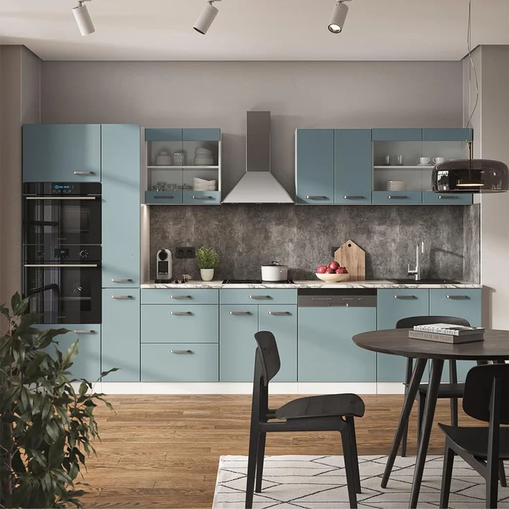 Küchenzeile R-Line Blau-Grau/Weiß 350 cm mit Hochschrank, ohne Arbeitsplatte Vicco – Bild 2