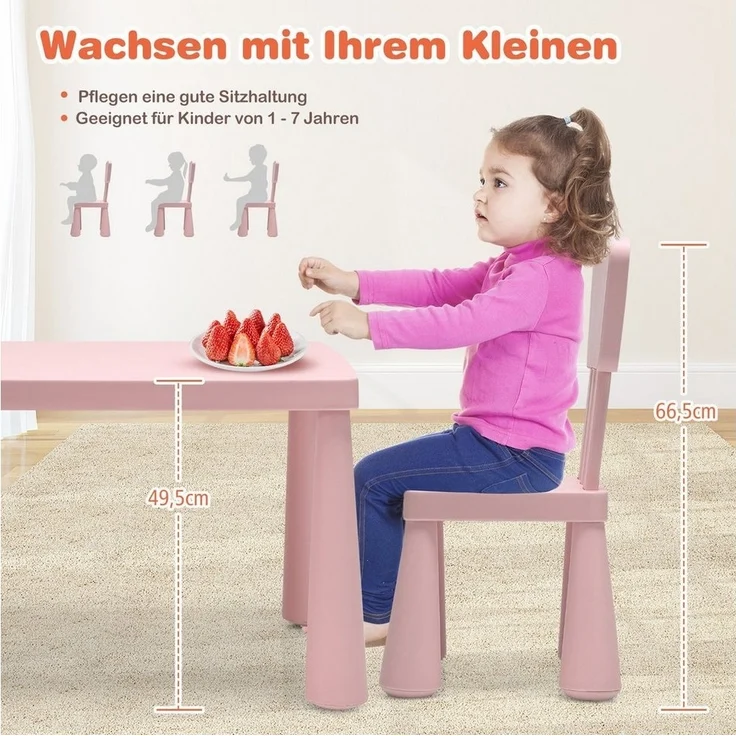 COSTWAY 3 TLG. Kindersitzgruppe, Kindertischgruppe, Kindertisch mit 2 Stühlen, Kindermöbel aus Kunststoff, Kinder Tischset für Kindergarten und Kinderzimmer (Rosa) – Bild 2