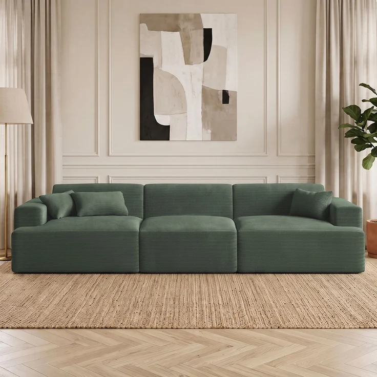 skølm 'Freki' Cloud Sofa 3 Sitzer, Vollschaumcouch mit Federkern und Vakuum-Kompression, kein Aufbau erforderlich, mit 3 Kissen, Cord dunkelgrün – Bild 1