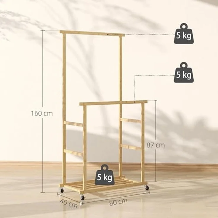 HOMCOM Kleiderständer mit Rollen, Kleiderstange, Schuhablage, (Garderobe aus Bambus, 1 St, Garderobenständer), für Schlafzimmer, Ausstellungen, Waschküche, Natur – Bild 7