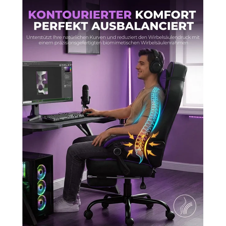 GTPLAYER Gaming Stuhl mit Fußstütze, Ergonomischer Bürostuhl 180kg, Schwerlast Gaming Sessel mit Lendenwirbelstütze und Kopfstütze, Höhenverstellbarer Computerstuhl, Gepolstert, neigbare 155°, Lila – Bild 4