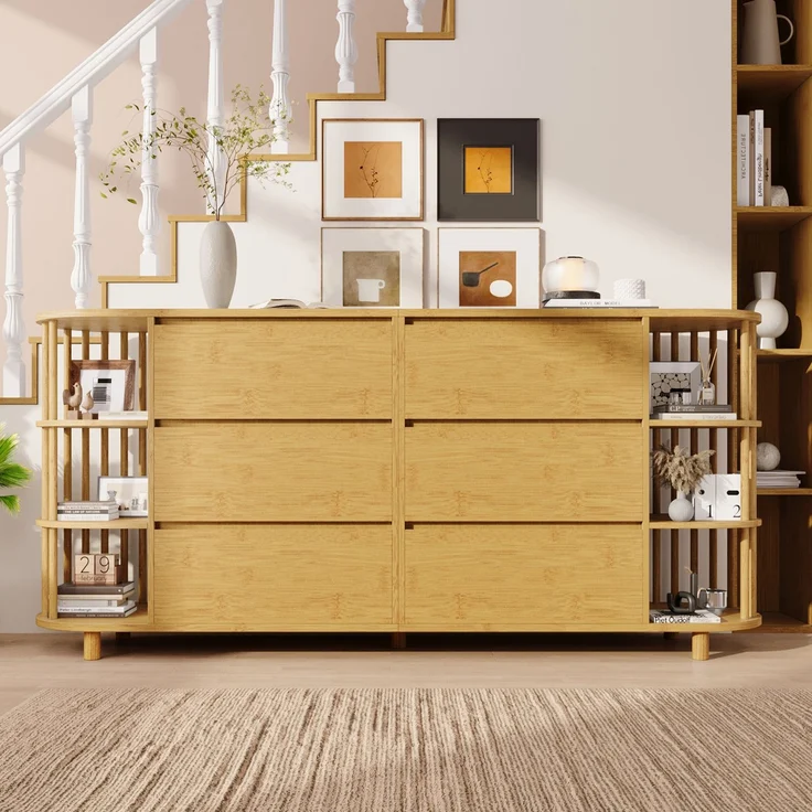Sideboard Eiche Retro-Römisch mit 6 Schubladen & Bambusregalen, Kippsicher, Wohnzimmer Flur Küche Aufbewahrung – Bild 3