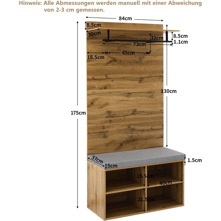 Garderobenset mit Schuhbank, verstellbarem Regal und Kleiderstange, 84x35x175 cm, Eiche – Bild 8