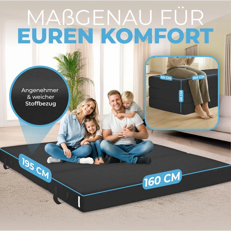 Klappmatratze 90x200 cm, 75x195 cm, Bestschlaf, 15 cm hoch, waschbar, versch. Größen & Farben, geeignet für Hausstauballergiker – Bild 2