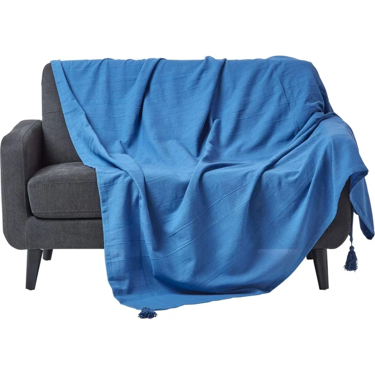 Homescapes Wohndecke Rajput blau – leichte Baumwolldecke 150x200 cm, Tagesdecke aus 100% Baumwolle, Sofaüberwurf handgewebt mit Streifenstruktur, Couch-Überwurf mit Quasten, Oeko-Tex
