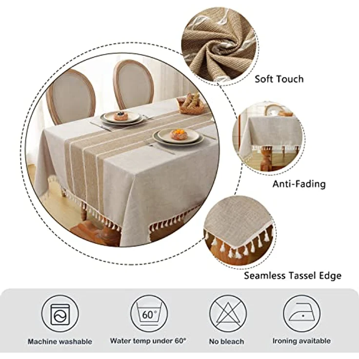 Laolitou Rustikale Tischdecke, Baumwollleinen, wasserdicht, Jute-Tischdecken für Küche, Esszimmer, Tischdecke für rechteckige Tische, Kaffee-Linien, rechteckig, 140x178 cm, 4–6 Sitze – Bild 6
