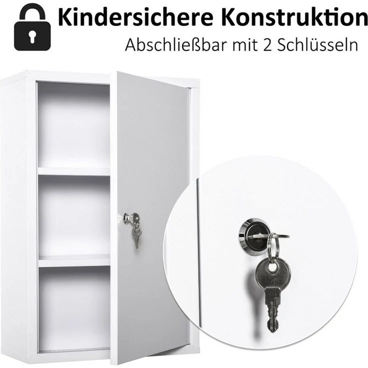 Kleankin Medizinschrank Erste-Hilfe-Schrank mit Schloss 3 Fächer (Medikamenteschrank, 1-St, Arzneischrank) Stahl Weiß 40 x 18 x 60 cm – Bild 4