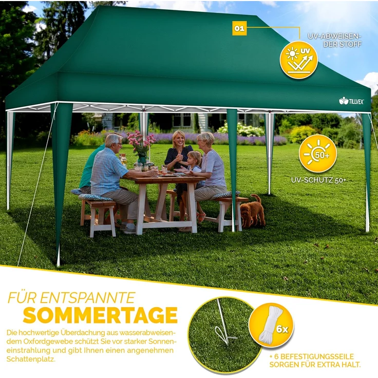 tillvex Pavillon 3x6m Grün wasserdicht | Pop-Up Faltpavillon höhenverstellbar | Gartenzelt UV Schutz 50+ | Partyzelt mit Tasche für Garten – Bild 7