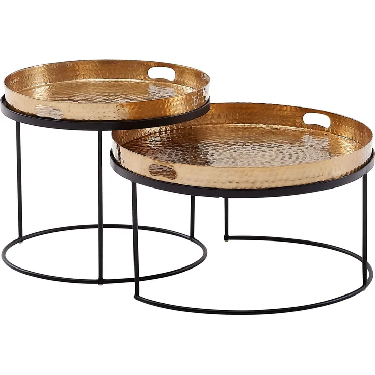 Couchtisch 2er Set Rund Gold Schwarz Metall Hammerschlag abnehmbares Tablett Modern