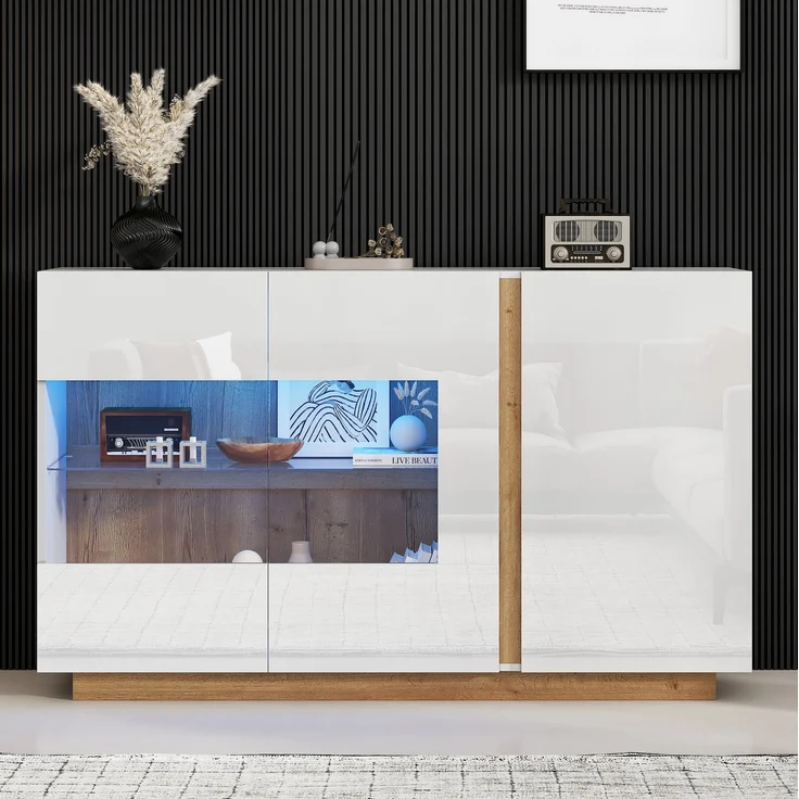 DESVIAE Sideboard mit LED-Beleuchtung und 3 Türen, 138x90,5x38,5 cm, Spanplatte und Glas, Weiß – Bild 3