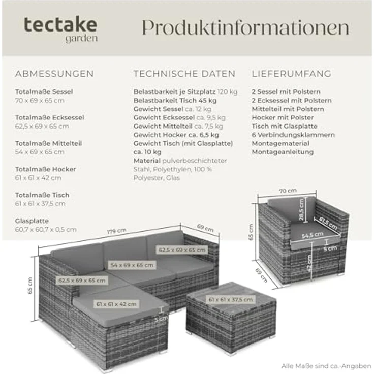 tectake Loungeset Rattan Lounge, (Set, 7-tlg), für 5 bis 6 Personen – Bild 7