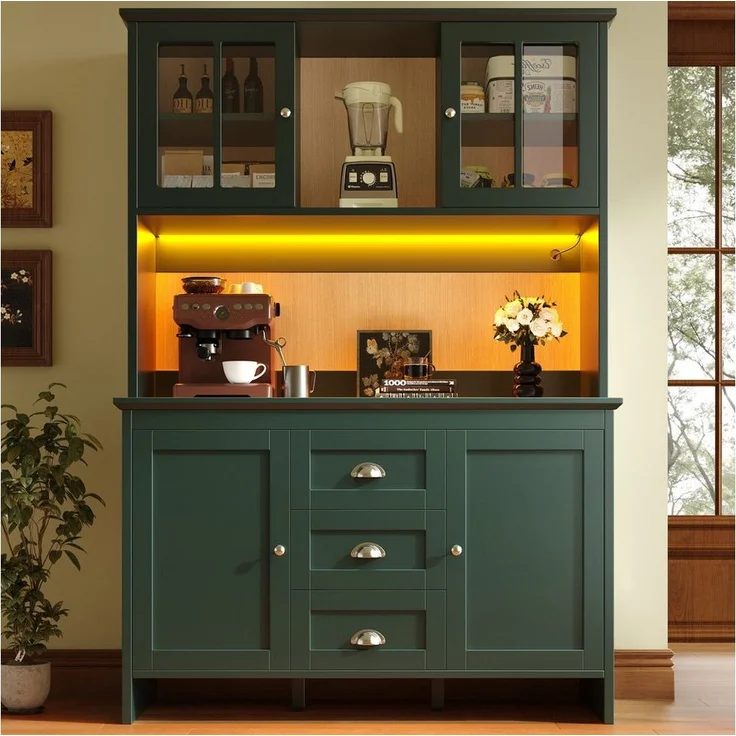 Flieks Küchenbuffet mit LED-Beleuchtung, Schubladen und Glastüren in Retro-Stil (1-St, B120/T40/H179 cm) Hochschrank Küchenschrank Geschirrschrank mit verstellbare Ablagen – Bild 2