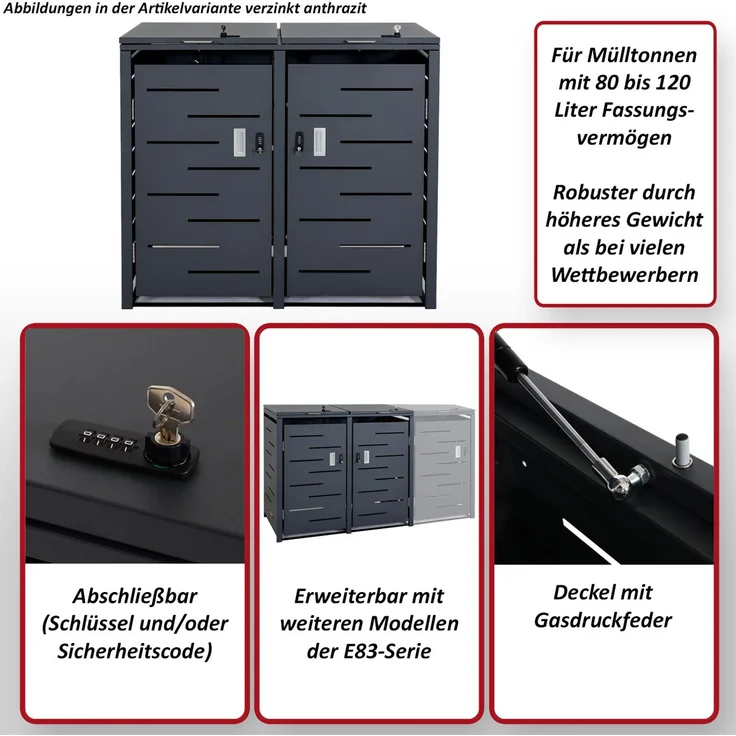2er-Mülltonnenverkleidung HWC-E83, Mülltonnenbox Mülltonnenabdeckung, erweiterbar 103x115x63cm ~ anthrazit, Stahl 38kg – Bild 2