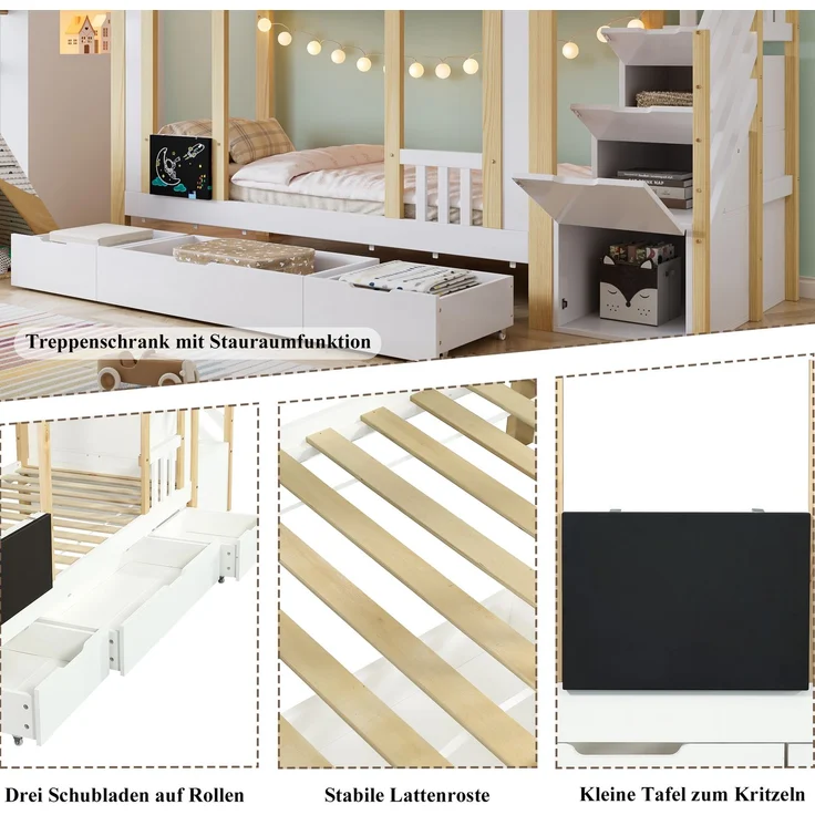Etagenbett 90×200 cm platzsparendes Kinderbett mit Treppenschrank & 3 Schubladen auf Rollen,kleine Kritzeltafel,Weiß & Natur – Bild 7