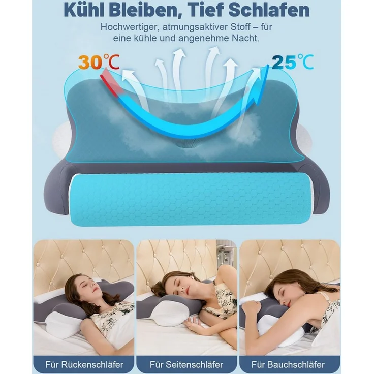 Esun Nackenstützkissen Kopfkissen, 2 in 1 Kissen mit Nackenrolle, Ergonomisches Memory Foam, Füllung: Kissenbezug besteht aus 18% Elasthan und 82% Nylon, Seitenschlafer, Bauchschlafer, Ruckenschlafer, Set, Kissen vom OEKO-TEX® und CertiPUR Getestet, fü... – Bild 3