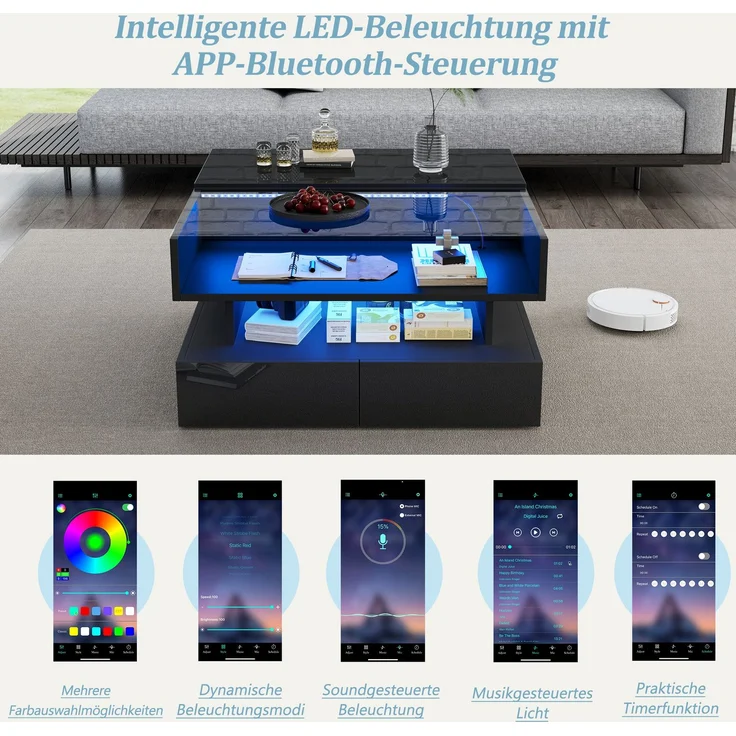 Couchtisch mit hydraulischer Hubfunktion und LED-Beleuchtung, Hochglanz Oberfläche, 2 Schubladen & gehärtetem Glas,Schwarz – Bild 8