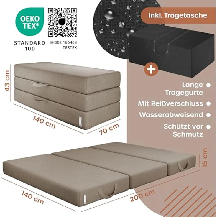 KESSER® Klappmatratze Gästematratze 3-fach Faltmatratze faltbar zum Sitzhocker | Schaumstoff 25kg/m³ extra dick 15cm atmungsaktiv waschbar abnehmbarer Bezug | Matratze inkl. Camping Tragetasche Taupe, 140 x 195 x 15 cm – Bild 3