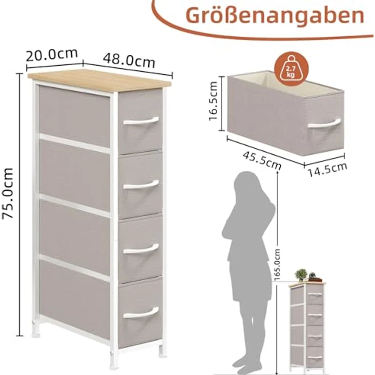 Somdot Kommode mit Schubladen, Kommode Schmal Schlafzimmer Wohnzimmer Flur, Komodenschrank Schubladenschrank Aufbewahrungsschrank Stoffkommode, 4 Stoffschubladen, Ashgrau, 48T x 20B x 75H cm – Bild 4