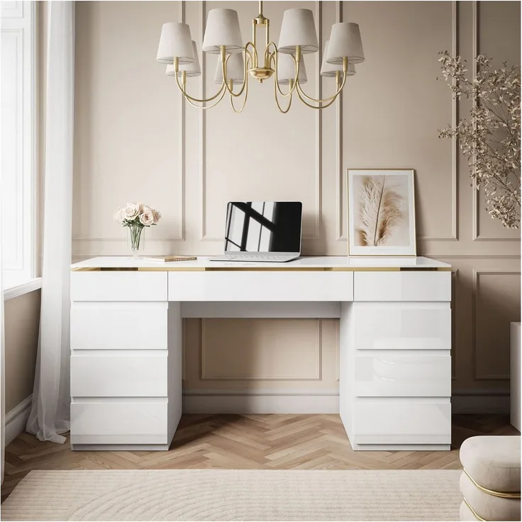Lookway AURORA DOUBLE GOLD, Schreibtisch mit Schubladen in Weiß Hochglanz, 157cm breit, elegante Goldakzente, langlebig