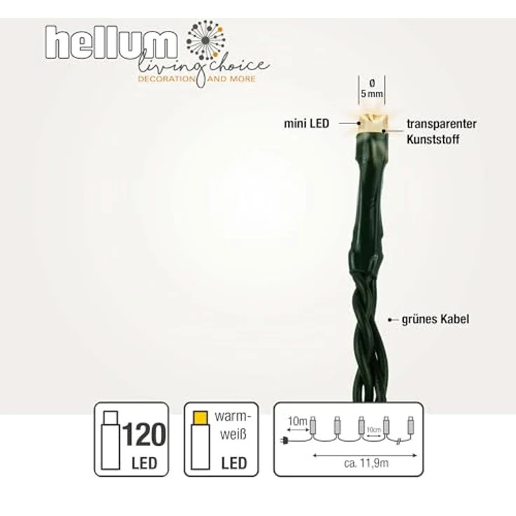 hellum Lichterkette außen 120 LED warmweiß, Lichterkette mit Timer, innen, für Weihnachtsbaum 11.9m beleuchtete Länge, Kabelfarbe grün – Bild 3