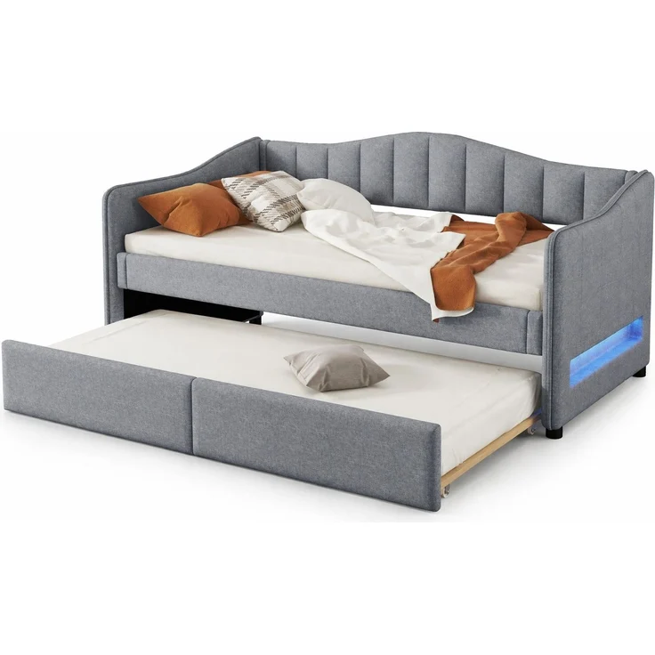CHICFURN Bett aus Leinen Grau 90x200 cm mit ausziehbarem Rollbett und LED-Beleuchtung – Bild 7