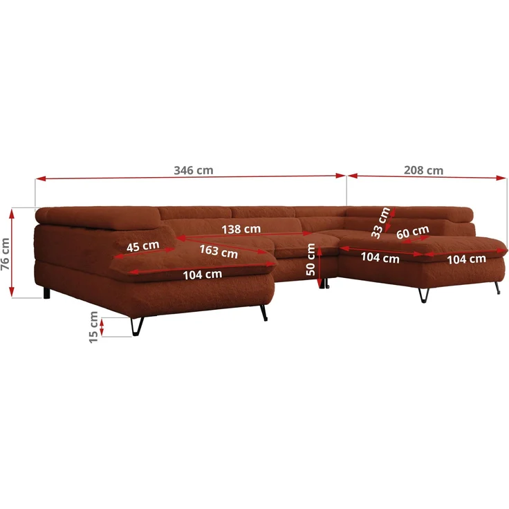 Ecksofa U-Form, mit Bettkasten, Bettfunktion und Einstellbare Kopfstützen, Sofa big XXL - PETER U - Orange Plüsch – Bild 8