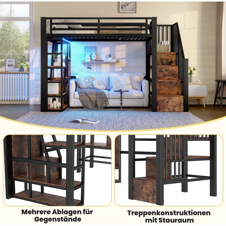 Hochbett,Eisenrahmen Ablagefach integrierte Stufen Schutzgeländer Leiter mit LED-Lichtleiste offener Stauraum unter dem Bett Matratze nicht im Lieferumfang enthalten,Eisen,schwarz,90 x 200 cm – Bild 4
