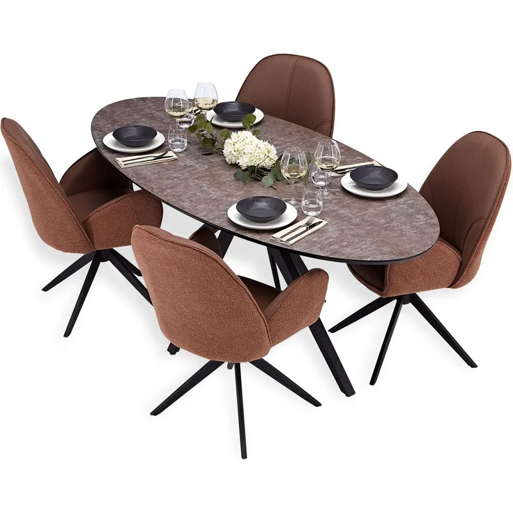 Esstisch mit 4 Stühlen Set Essgruppe Polsterstühle Drehbar Bouclé Leder Braun Esszimmertisch Oval Metall Schwarz – Bild 1